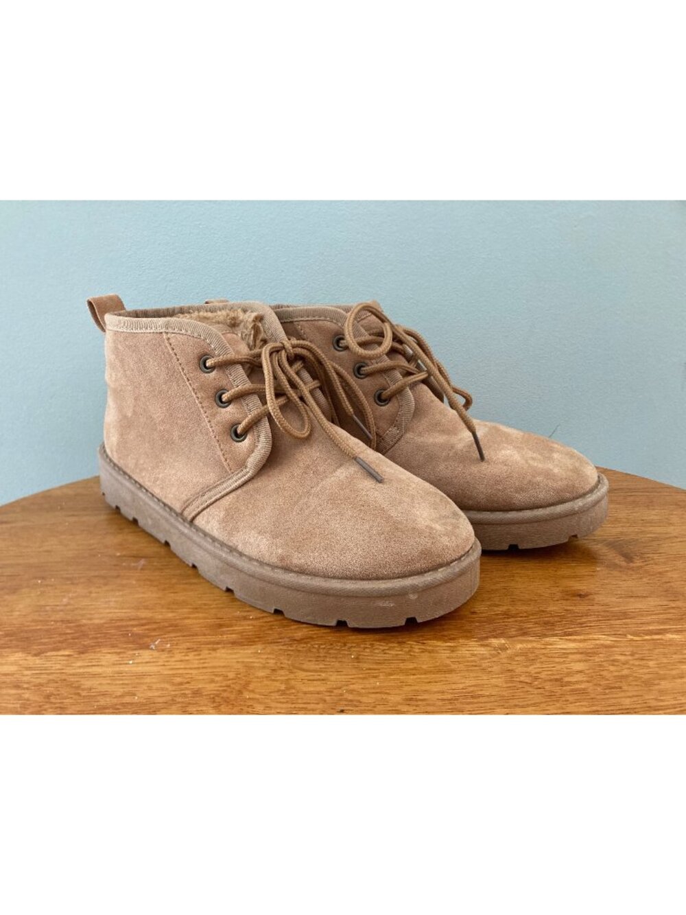 Bamboo Tan Faux Suede Lace-Up Ankle Boots With Rubber Soles - Women’s Size 9